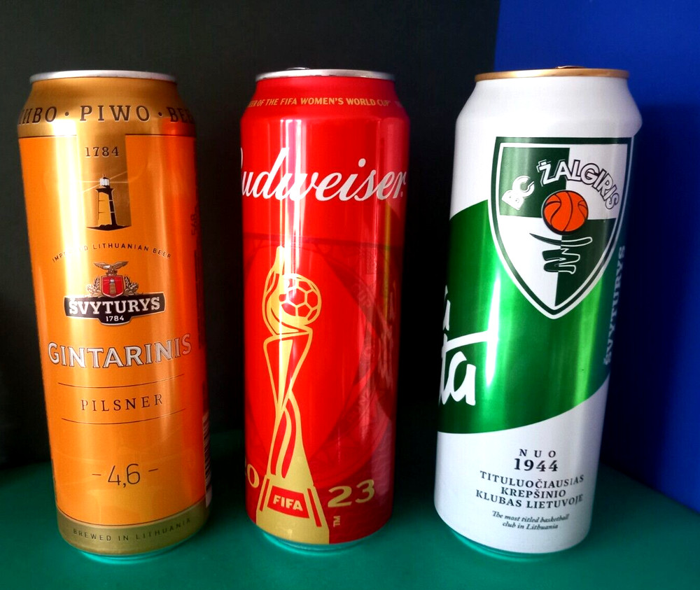 x3 EMPTY BEER CANS ZALGIRIS BASKETBALL BUDWEISER FIFA WOMEN’S FOOTBALL WORLD CUP