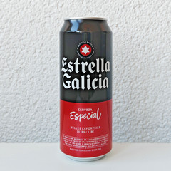 Empty 2022 Estrella Galicia Beer can; 500 ml/16.9 fl oz; BOTTOM opened (Spain)