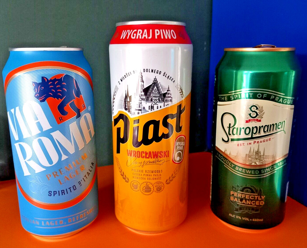 x3 EMPTY BEER CANS VIA ROMA ITALY PIAST WROCLAW POLAND, STAROPRAMEN PRAGUE CZECH