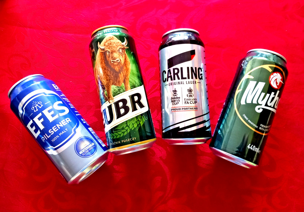 x4 EMPTY BEER CAN CARLING #5 FOOTBALL CUP, MYTHOS PREMIUM, EFES PILSNER, ZUBR