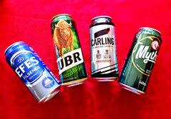 x4 EMPTY BEER CAN CARLING #5 FOOTBALL CUP, MYTHOS PREMIUM, EFES PILSNER, ZUBR
