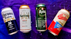 x 4 EMPTY BEER CANS BUDWAR, MYTHOS, MARTINEZ, CORONA EXTRA MILANO CORTINA 2026