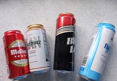 x4 EMPTY BEER CANS MARTINEZ ENGLAND, MAHOU MADRID, BLACK LABEL, BALTAS LITHUANIA