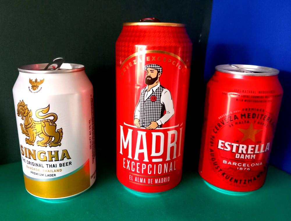 x 3 EMPTY 330/440ml BEER CANS SPAIN THAILAND MADRI, ESTRELLA BARCELONA, SINGHA