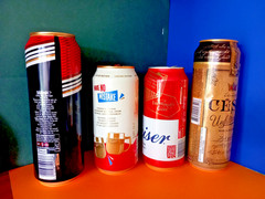 x 4 EMPTY BEER CANS BUDWEISER FOOTBALL WORLD CUP, CARLING, BUDVAR, CESU LATVIA