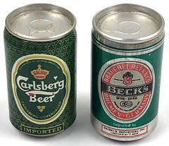 Two 2″ Tall Miniature Advertising Beer Cans Carlsberg Denmark and Becks Germany