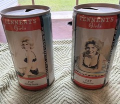 Tennent’s Lager Beer Can – Pat Sitting Pretty & Lying Low Steel – empty set of 2