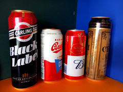 x 4 EMPTY BEER CANS BUDWEISER FOOTBALL WORLD CUP, CARLING, BUDVAR, CESU LATVIA