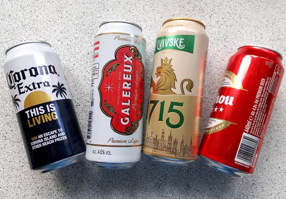 x4 EMPTY BEER CANS CORONA MEXICO, MAHOU MADRID, LVIVSKE UKRAINE, GALEREUX FRANCE