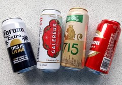 x4 EMPTY BEER CANS CORONA MEXICO, MAHOU MADRID, LVIVSKE UKRAINE, GALEREUX FRANCE