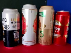 x4 EMPTY BEER CANS CORONA MEXICO, MAHOU MADRID, LVIVSKE UKRAINE, GALEREUX FRANCE
