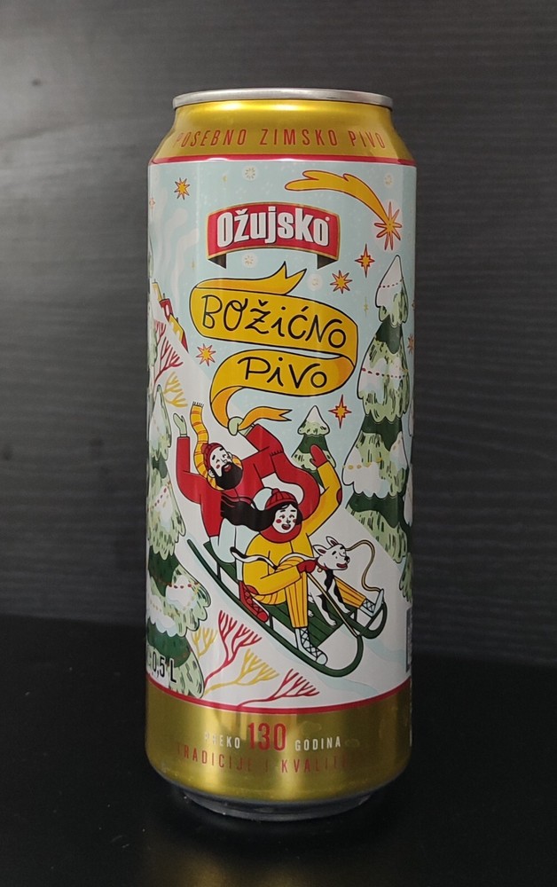 Empty 2023 Ožujsko Christmas Beer can – 500 ml – BOTTOM opened (Croatia)