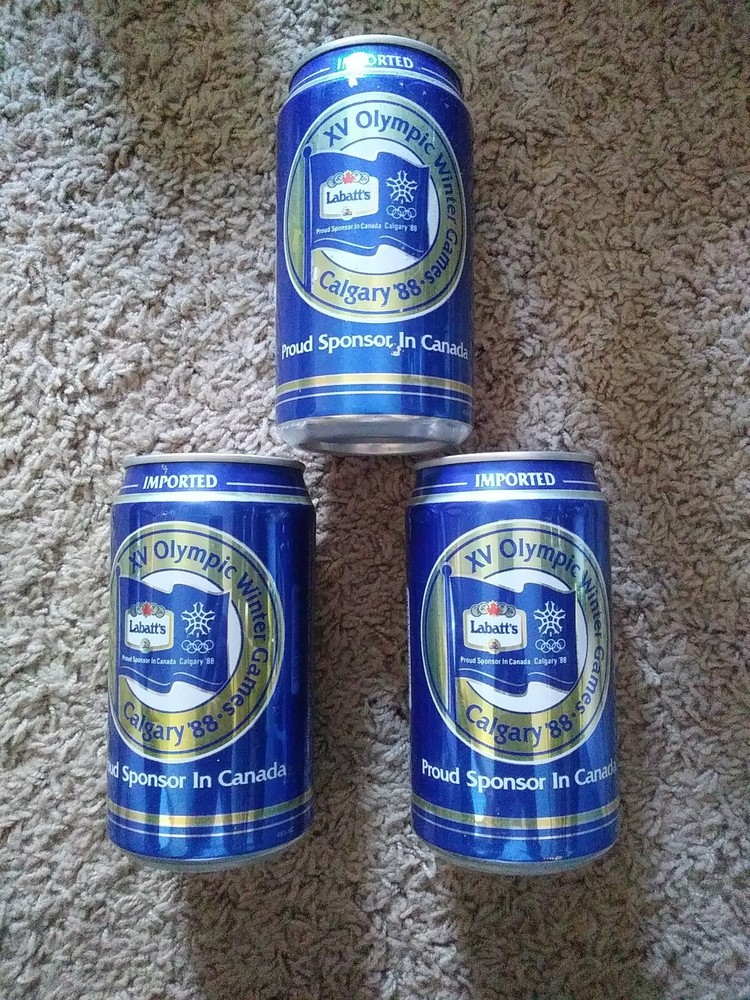3 Labatts Aluminum EMPTY Beer Cans – XV Olympic Winter Games – Calgary 1988