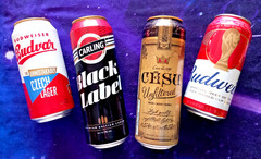 x 4 EMPTY BEER CANS BUDWEISER FOOTBALL WORLD CUP, CARLING, BUDVAR, CESU LATVIA