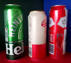 x 3 EMPTY BEER CANS 500/568ml BUDWEISER BELGIUM, BUDVAR CZECH, HEINEKEN DENMARK