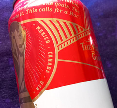 x 4 EMPTY BEER CANS BUDWEISER FOOTBALL WORLD CUP, CARLING, BUDVAR, CESU LATVIA