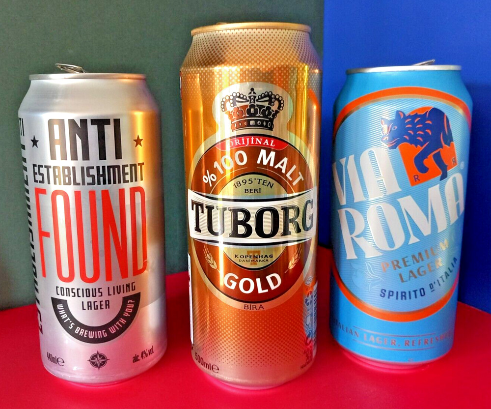 x 3 BEER CANS TURKISH VERSION TUBORG TOWER BRIDGE, ANTI ESTABLISHMENT & VIA ROMA