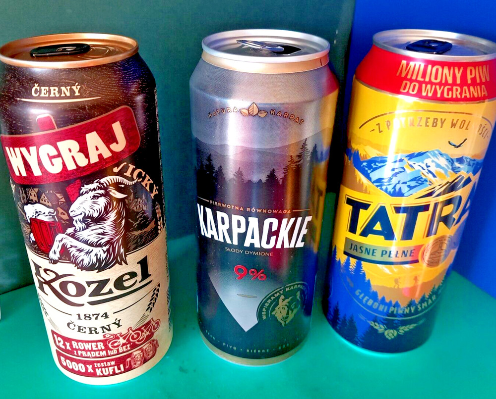 SET x 3 EMPTY 500ml BEER CANS POLISH KARPACKIE, KOZEL CERNY & TATRA JASNE POLSKA