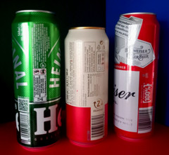 x 3 EMPTY BEER CANS 500/568ml BUDWEISER BELGIUM, BUDVAR CZECH, HEINEKEN DENMARK