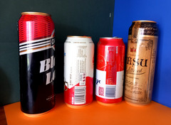 x 4 EMPTY BEER CANS BUDWEISER FOOTBALL WORLD CUP, CARLING, BUDVAR, CESU LATVIA