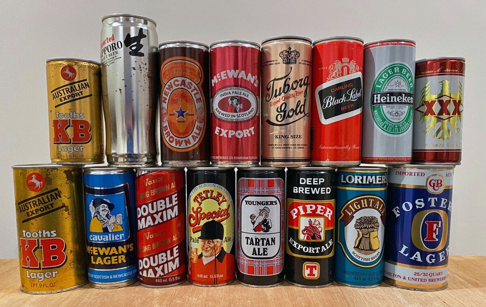 16 Foreign Large Beer Cans APPROX 16oz WHITBREAD-TETLEY-YOUNGERS-PIPER-TUBORG…