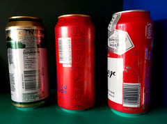 x3 EMPTY BEER CANS 440ml BUDWEISER BELGIUM UK, KAKAWA ENGLAND & SAN MIGUEL SPAIN