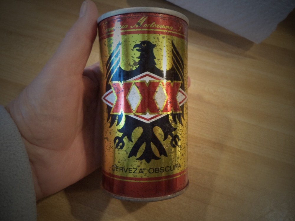 TRES EQUIS XXX 12 OZ STRAIGHT EDGE STEEL BEER CAN CERVEZA OBSCURA MEXICO