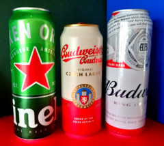 x 3 EMPTY BEER CANS 500/568ml BUDWEISER BELGIUM, BUDVAR CZECH, HEINEKEN DENMARK