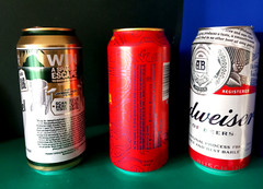 x3 EMPTY BEER CANS 440ml BUDWEISER BELGIUM UK, KAKAWA ENGLAND & SAN MIGUEL SPAIN