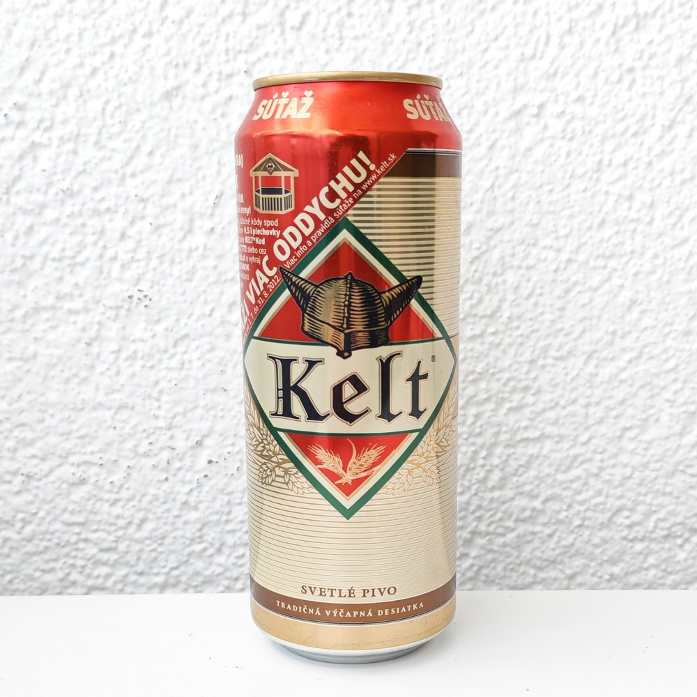 Empty 2012 Kelt Lager Beer can; 500 ml/16.9 fl oz – Slovakia – TOP opened