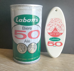 Vtg. LABATT BIERE 50 ALE 12 OZ PULL TAB EMPTY BEER CAN & KEYCHAIN BOTTLE OPENER