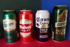 x4 EMPTY BEER CANS CORONA MEXICO, MAHOU MADRID, ZUBR POLAND, STAROPRAMIEN PRAGUE