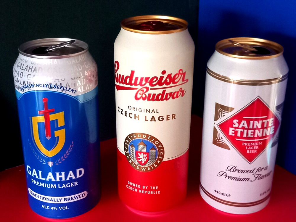 x3 EMPTY 440/500ml BEER CANS BUDWEISER BUDVAR CZECH, SAINTE ETIENNE & GALAHAD UK