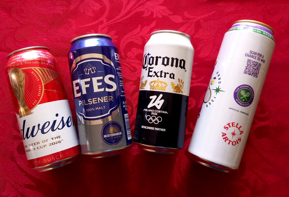 x4 EMPTY BEER CANS WIMBLEDON 26, EFES, CORONA OLYMPIC, BUDWEISER FOOTBALL CUP 26