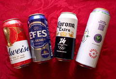 x4 EMPTY BEER CANS WIMBLEDON 26, EFES, CORONA OLYMPIC, BUDWEISER FOOTBALL CUP 26