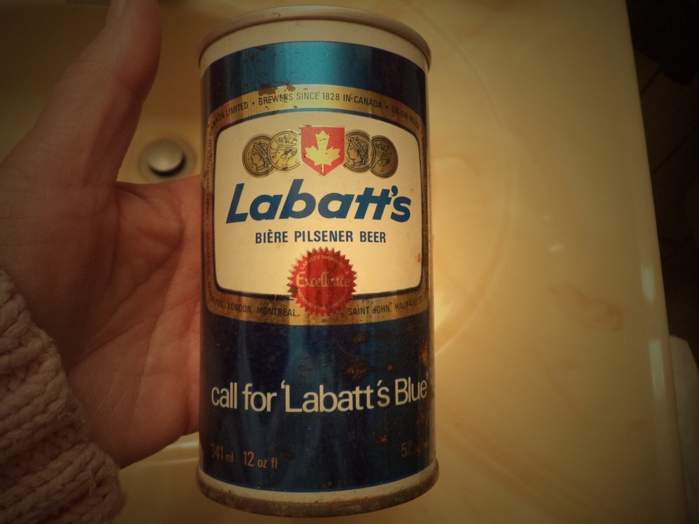 LABATT’S BLEU BIERE BEER 12 OZ STRAIGHT EDGE STEEL CAN 9 CITIES CANADA CIRCLES