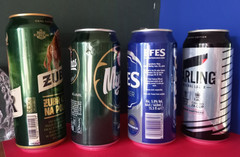 x4 EMPTY BEER CAN CARLING #5 FOOTBALL CUP, MYTHOS PREMIUM, EFES PILSNER, ZUBR