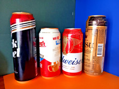x 4 EMPTY BEER CANS BUDWEISER FOOTBALL WORLD CUP, CARLING, BUDVAR, CESU LATVIA