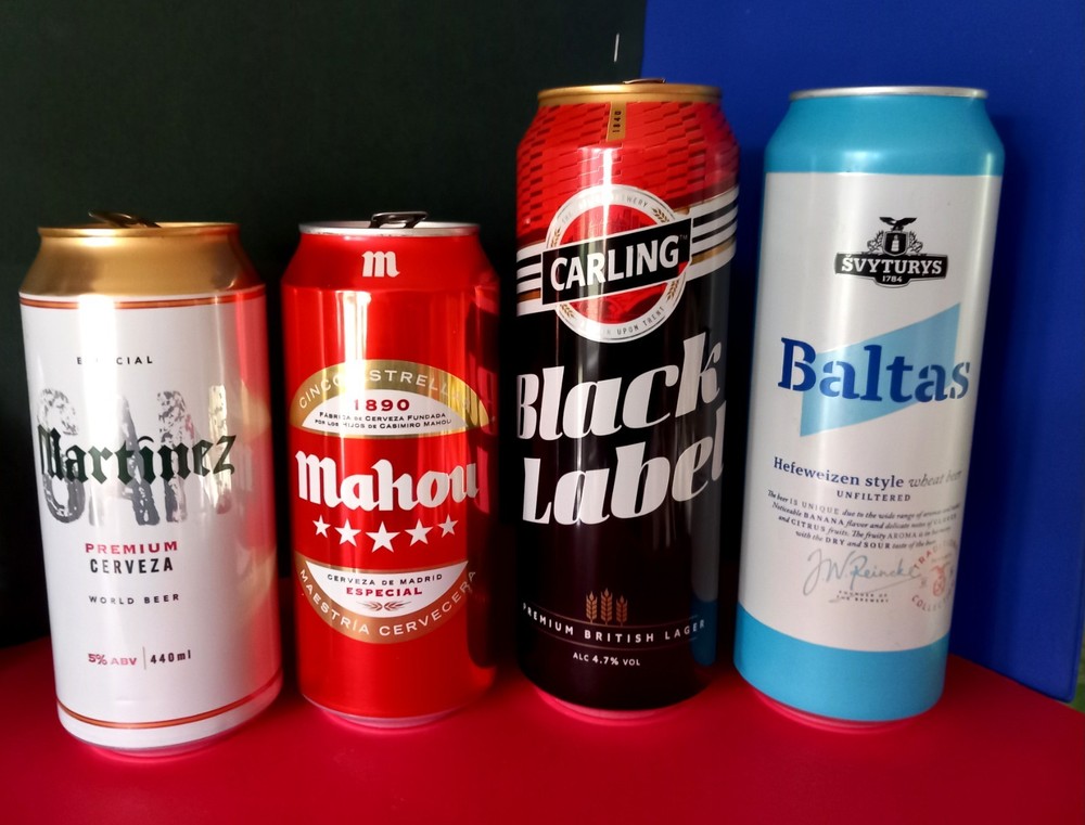 x4 EMPTY BEER CANS MARTINEZ ENGLAND, MAHOU MADRID, BLACK LABEL, BALTAS LITHUANIA