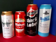 x4 EMPTY BEER CANS MARTINEZ ENGLAND, MAHOU MADRID, BLACK LABEL, BALTAS LITHUANIA