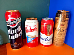 x 4 EMPTY BEER CANS BUDWEISER FOOTBALL WORLD CUP, CARLING, BUDVAR, CESU LATVIA
