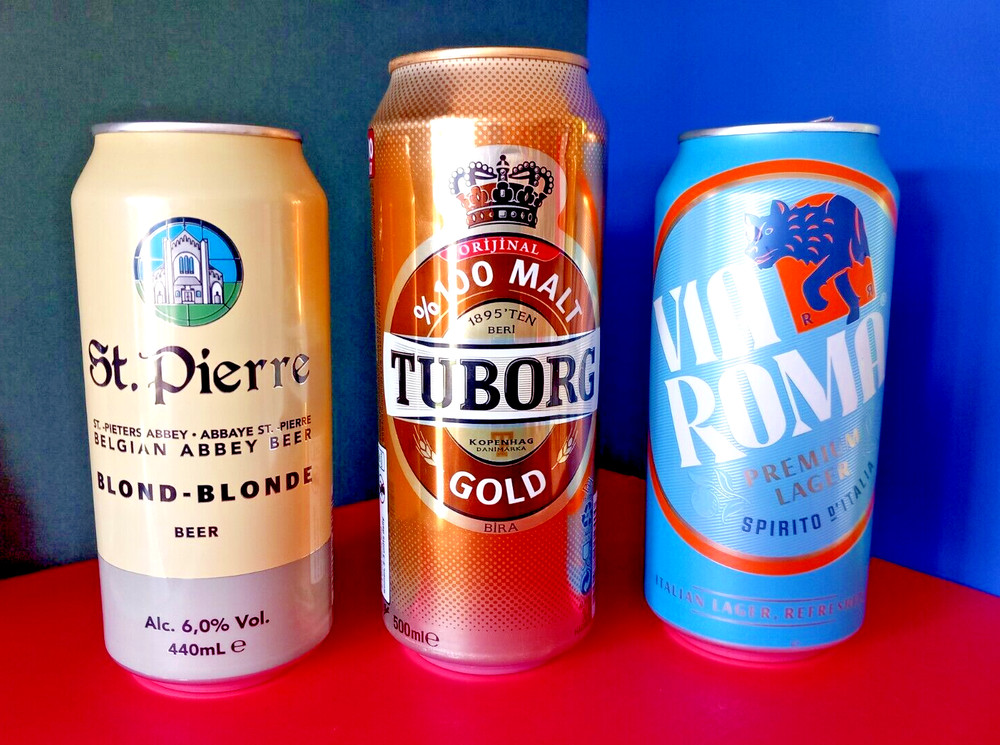 EMPTY BEER CANS TURKISH VERSION TUBORG TOWER BRIDGE LONDON, ST PIERRE & VIA ROMA
