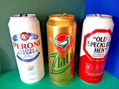 SETx3 EMPTY 500ml BEER CANS ZLATY BAZANT SLOVAKIA, PERONI ITALY, OLD HEN ENGLAND