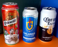 x 3 EMPTY 440/500ml BEER CANS CORONA, KROLEWSKIE LEGIA FOOTBALL CLUB & GALAHAD