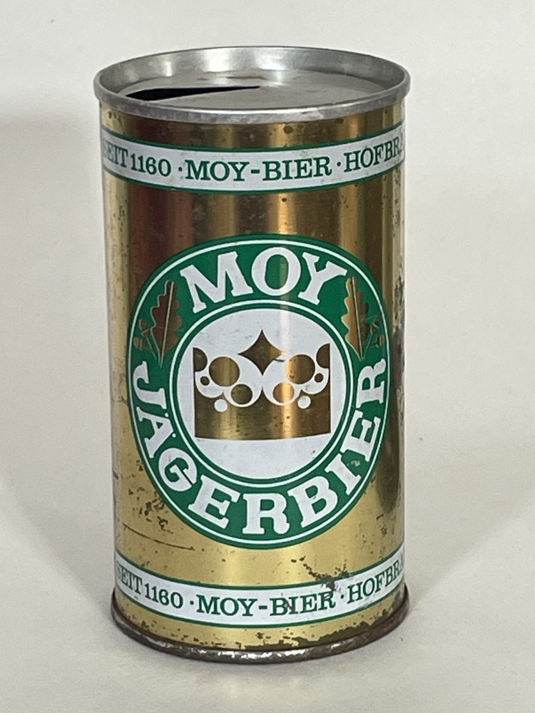 Moy Jagerbier empty beer can, straight steel, Germany