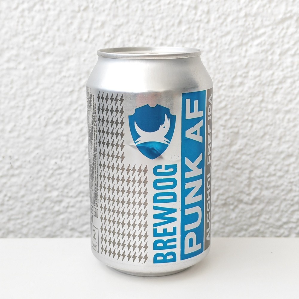 Empty 2019 BrewDog Punk AF IPA Beer can; 330 ml/11.2 fl oz TOP opened (Scotland)