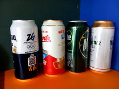 x 4 EMPTY BEER CANS BUDWAR, MYTHOS, MARTINEZ, CORONA EXTRA MILANO CORTINA 2026