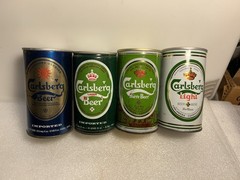 4 DIFFERENT 1970’s CARLSBERG BEER 12OZ. PULL TAB STEEL BEER CANS. DENMARK