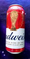 x 4 EMPTY BEER CANS BUDWEISER FOOTBALL WORLD CUP, CARLING, BUDVAR, CESU LATVIA