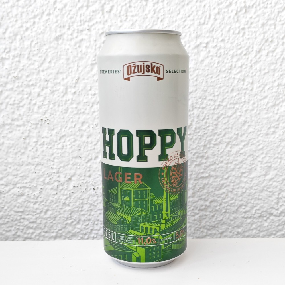 Empty 2019 Ožujsko Hoppy Lager Beer can; 500 ml/16.9 fl oz; TOP opened (Croatia)
